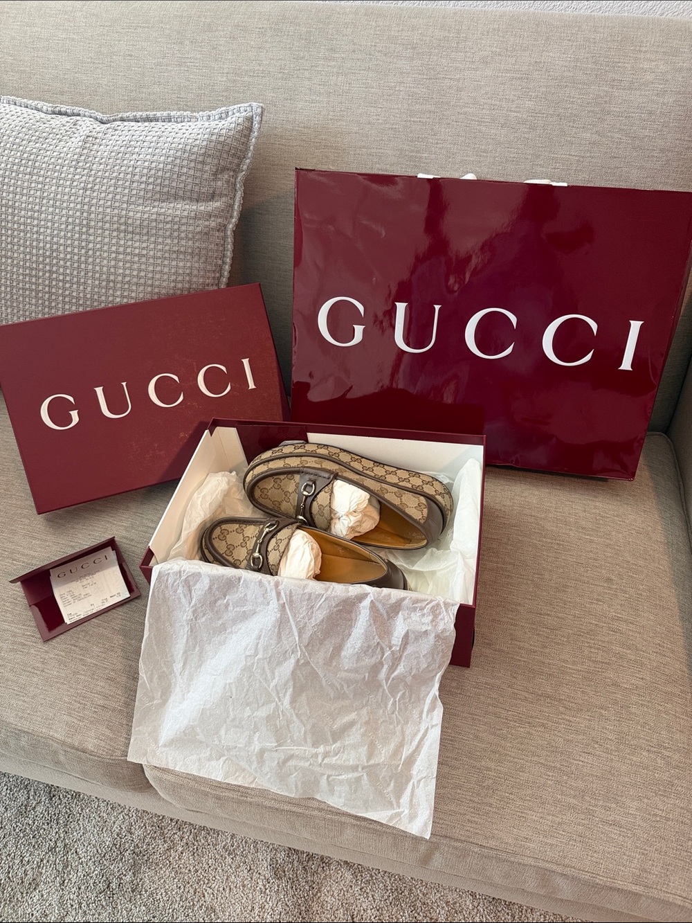 Gucci GG Supreme Horsebit Loafers in Beige and Brown